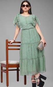 QUEUEE Women Fit and Flare Light Green, Grey, White Midi/Calf Length ...