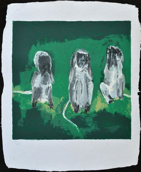 "Three Monkeys": Green Serigraphs Painting by Haku Shah | ArtZolo.com