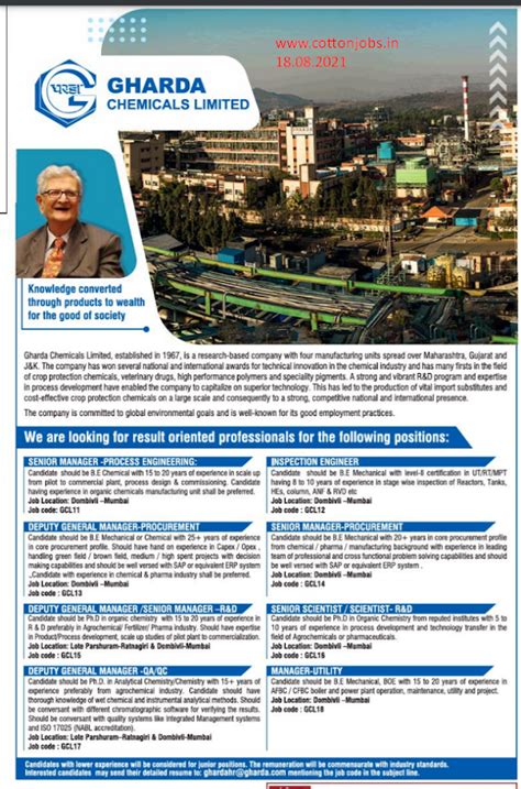 GHARDA CHEMICALS LIMITED RECRUITMENT 2021 LAST DATE 30.09.2021