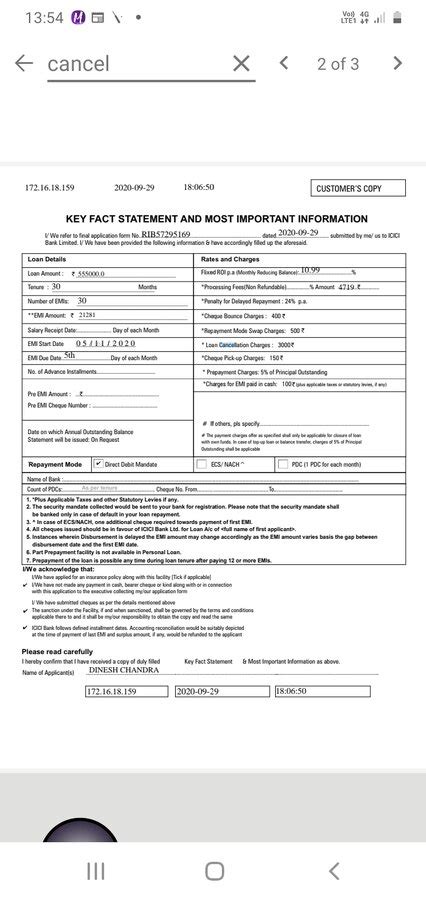 ICICI Bank — Personal Loan Cancellation Request