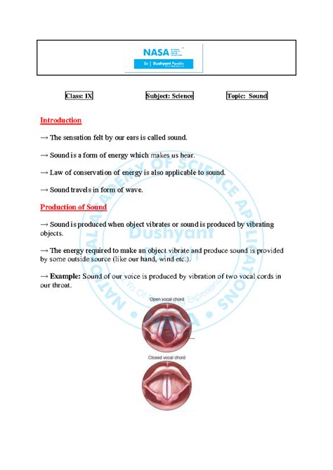 G9 Science Ch-11 Sound Notes - Class: IX Subject: Science Topic: Sound ...