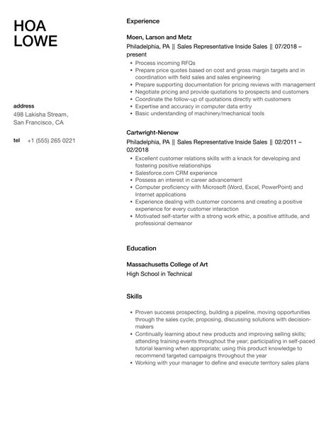Sales Representative Inside Sales Resume Samples | Velvet Jobs