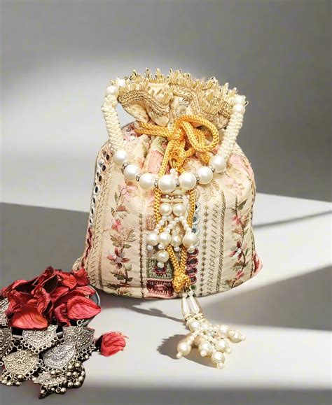 Beige Mirror Work Embroidered Potli | Peepal Clothing