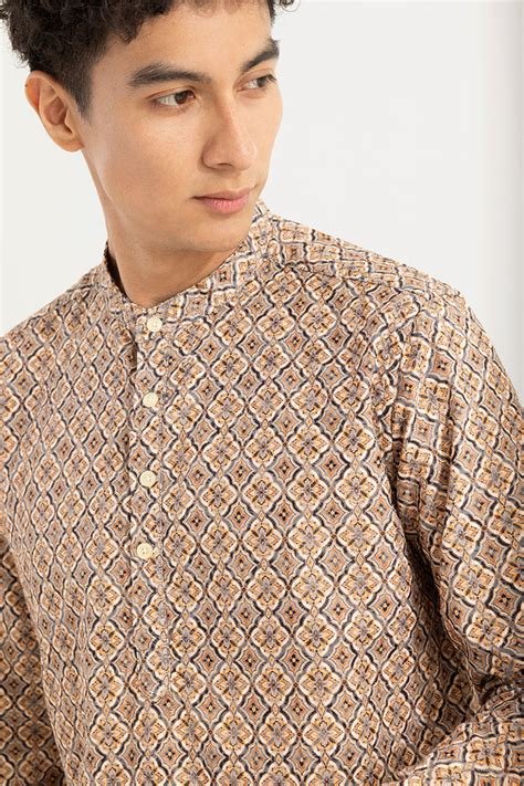 Buy Men's Motif Print Beige Embroidery Kurta Online | SNITCH