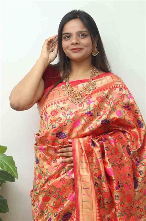 Red Paithani Brocade Silk Flower Design Saree - Luxurionworld