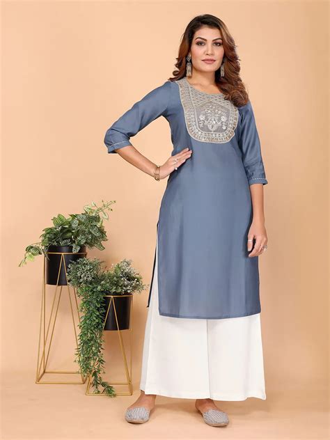 Viscose Poly Embroidered Straight Calf Length Kurta –Rangita