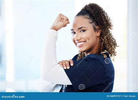 Nurse, Portrait or Flexing Muscle in Hospital Success, Medical Trust or ...
