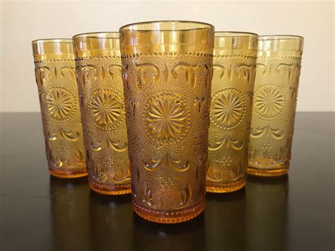 Vintage Indiana Glass Tiara Amber Glass Tumblers/Tiara Pattern Iced Tea ...