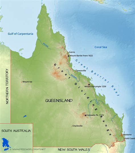 Physical map of Queensland, Australia