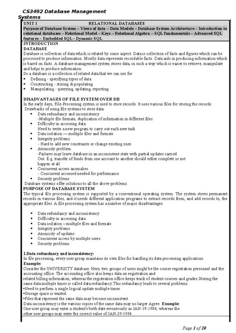 CS3492 Database Management Systems - Unit 1 Overview and Concepts - Studocu