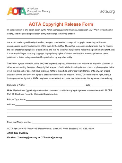 Fillable Online AOTA COPYRIGHT RELEASE FORM In consideration of any ...