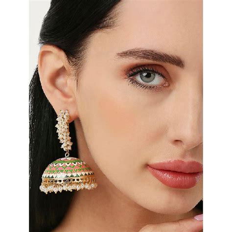 Buy OOMPH Pink & Green Meenakari Enamel Pearls Large Ethnic Jhumka ...