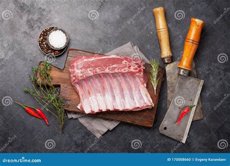 Lamb Ribs Cooking. Raw Rack of Lamb Stock Photo - Image of garlic ...