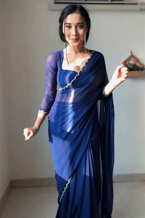 Dalliance 1-Minute Ready To Wear Navy Blue Georgette Saree – Annerafab