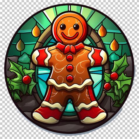 Stained glass gingerbread cookies rounded sticker isolated on ...