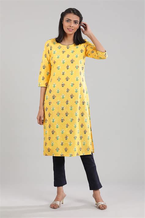 Buy Yellow Round Neck Printed kurta Online for Woman | Shop for Aurelia