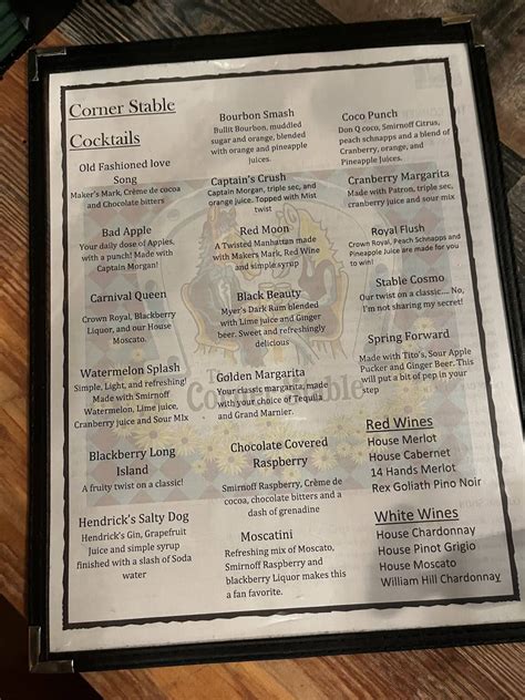 Menu at The Corner Stable restaurant, Cockeysville