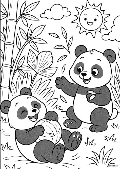 Playful pandas in bright sunshine - Panda Coloring Pages