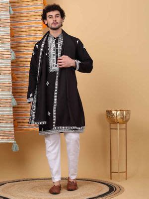 Buy Kraft India Men Black Embroidered Kurta with Trouser with Stole ...