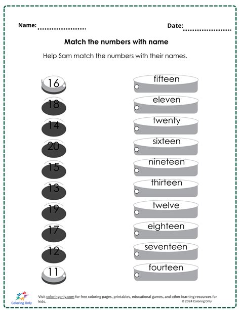 Match the numbers with name free Printable Worksheet