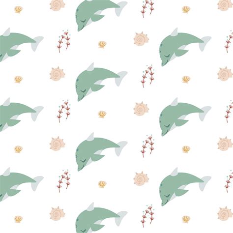 vector cute pattern with little dolphin in the sea underwater on white ...