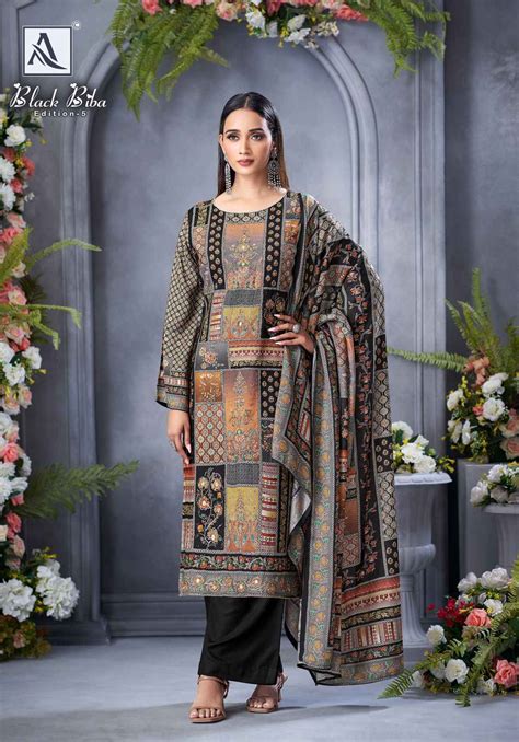 Alok Black Biba Edition 5 Viscose Maslin Dress Material 10 pcs Catalogue