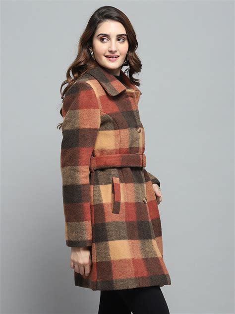 Buy Women Rust Check Collar Full Sleeve Coat Online in India - Monte Carlo