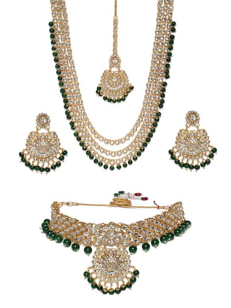 ZAVERI PEARLS Green Beads Bridal Kundan Choker & Long Necklace, Earring ...