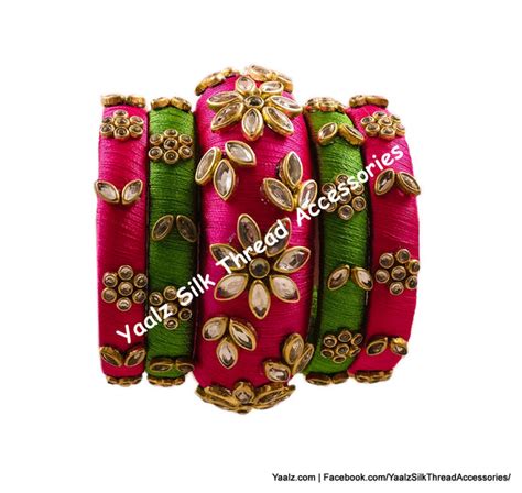 Yaalz Silk Thread Kundan Stone Partywear Bangle Set In Greenish Gold ...