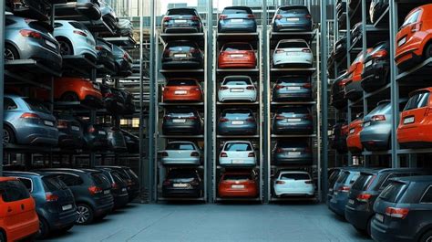 A multistory car parking structure filled with various cars including ...