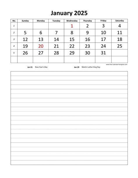 Printable 2025 January Calendar grid lines for daily notes (vertical ...