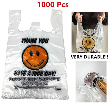 1000 Pcs of Heavy Duty Smiley T-Shirt Bag Thank You Plastic Bag White ...
