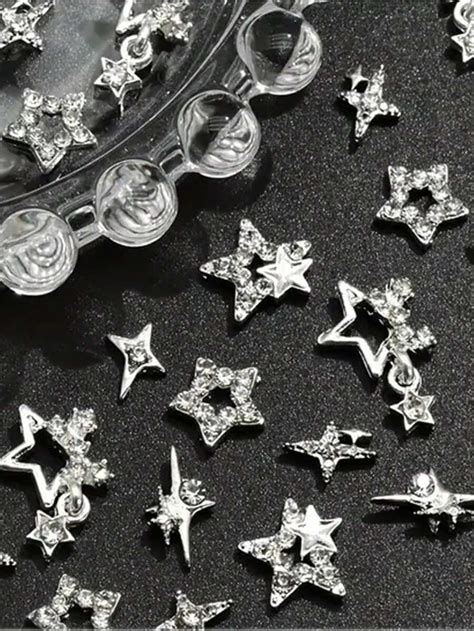 30 PEÇAS Encantos de Unha Estrela Prateada Brilhante Encantos de Unha ...