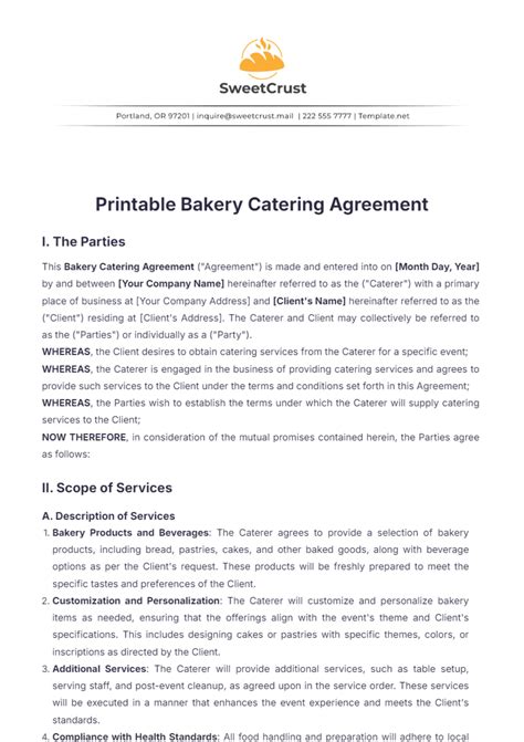 Free Printable Bakery Catering Agreement Template to Edit Online