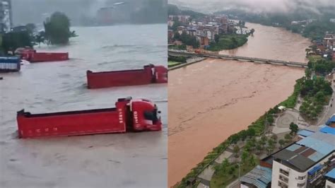 四川达州突降暴雨：汽车驾驶位被淹没，河流水位暴涨接近桥面_腾讯视频
