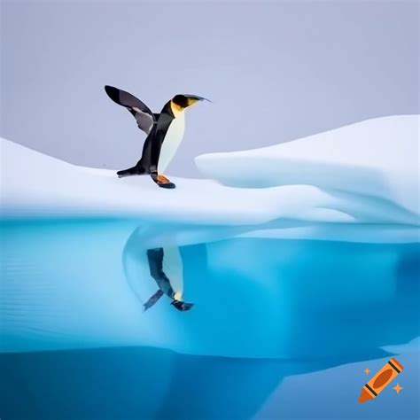Emperor penguin diving into Arctic waters from snowy ice ledge on Craiyon