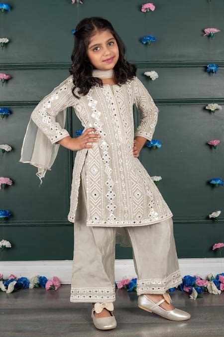 Buy Beige Georgette Embroidery Thread Mirror Work Kurta Palazzo Set For ...