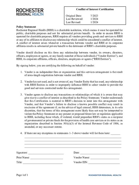 Fillable Online Page 1of 1 Conflict of Interest Certification Original ...