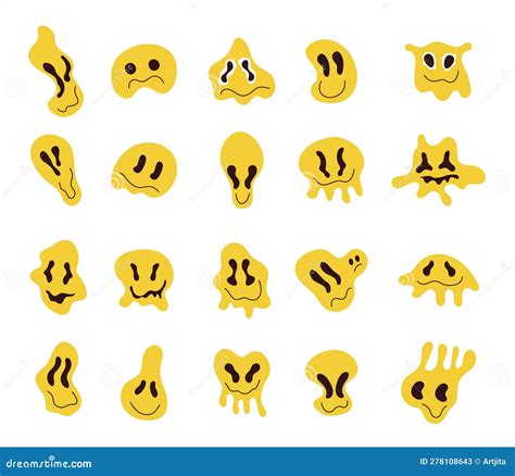 Groovy Istorted Emoticon Faces Vector Set. Retro Doodle Dripping Emoji. | CartoonDealer.com ...
