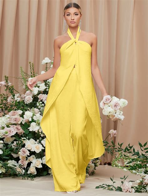 SHEIN Belle Open Back Asymmetrical Hem Halter Top & Palazzo Pants Set ...