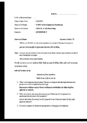 B.A. Psychology(Hons.) PYQ Paper 5 - Developmental Psychology PYQ Paper ...