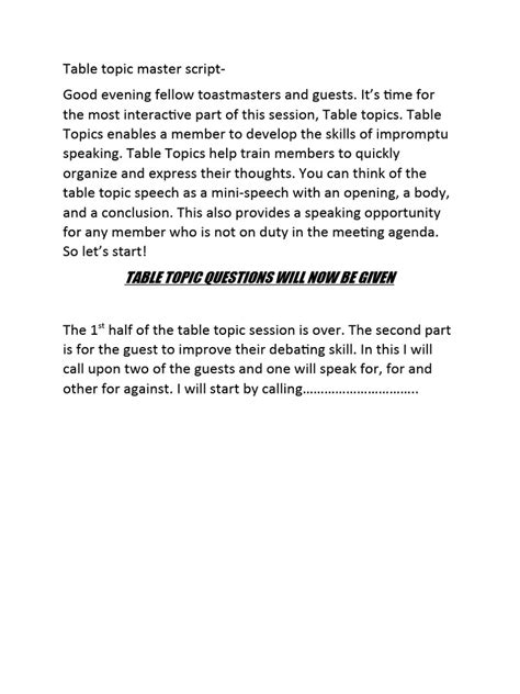 Image result for Table Topics Script Toastmasters