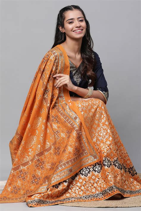 Buy Blue Festive Short Kurta, Orange Crinkle Skirt and Dupatta Online ...