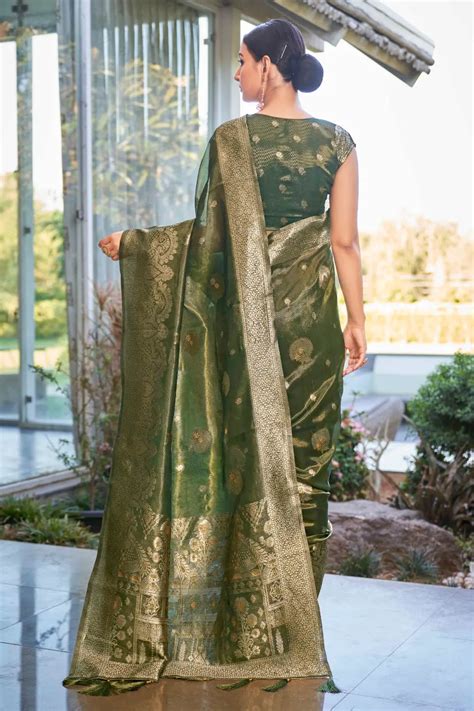 Ligth Olive Shimmer Silk Woven Work Ethnic Saree – Monjolika