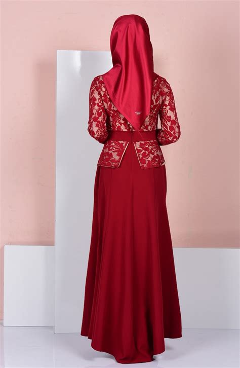 Claret Red Hijab Evening Dress 3018-04 | Sefamerve