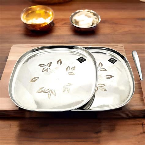 Stainless-Steel Full-Size Lunch/Dinner Plates with Glossy Outer Finish ...