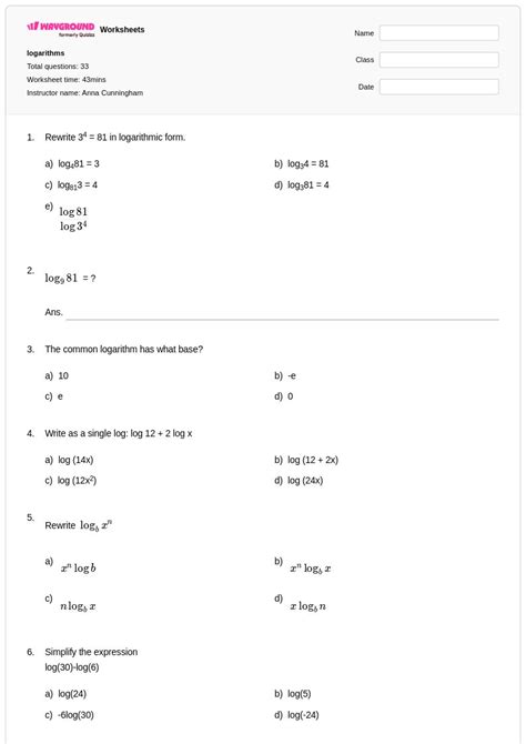 50+ Logarithms worksheets for Class 11 on Wayground | Free & Printable
