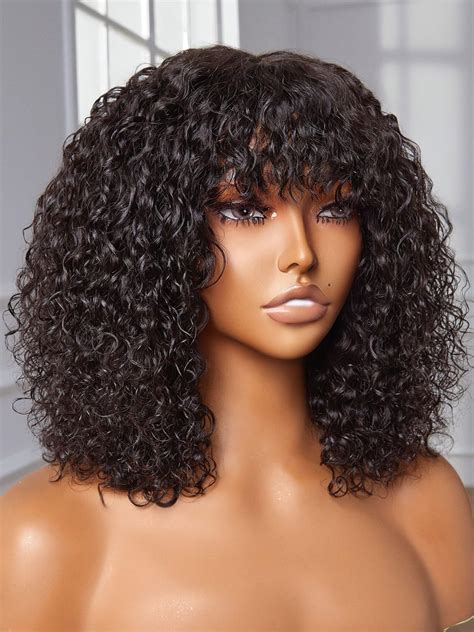 Amazon.com : YASGRL 12" Bouncy Curly Wig With Bangs Human Hair ...