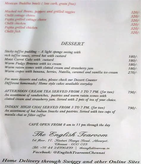 Menu at The English Tearoom, Chennai, 17, Kasturi Ranga Road, 1st floor ...