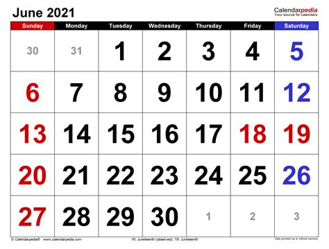 June 2021 Calendar | Templates for PDF, Excel and Word